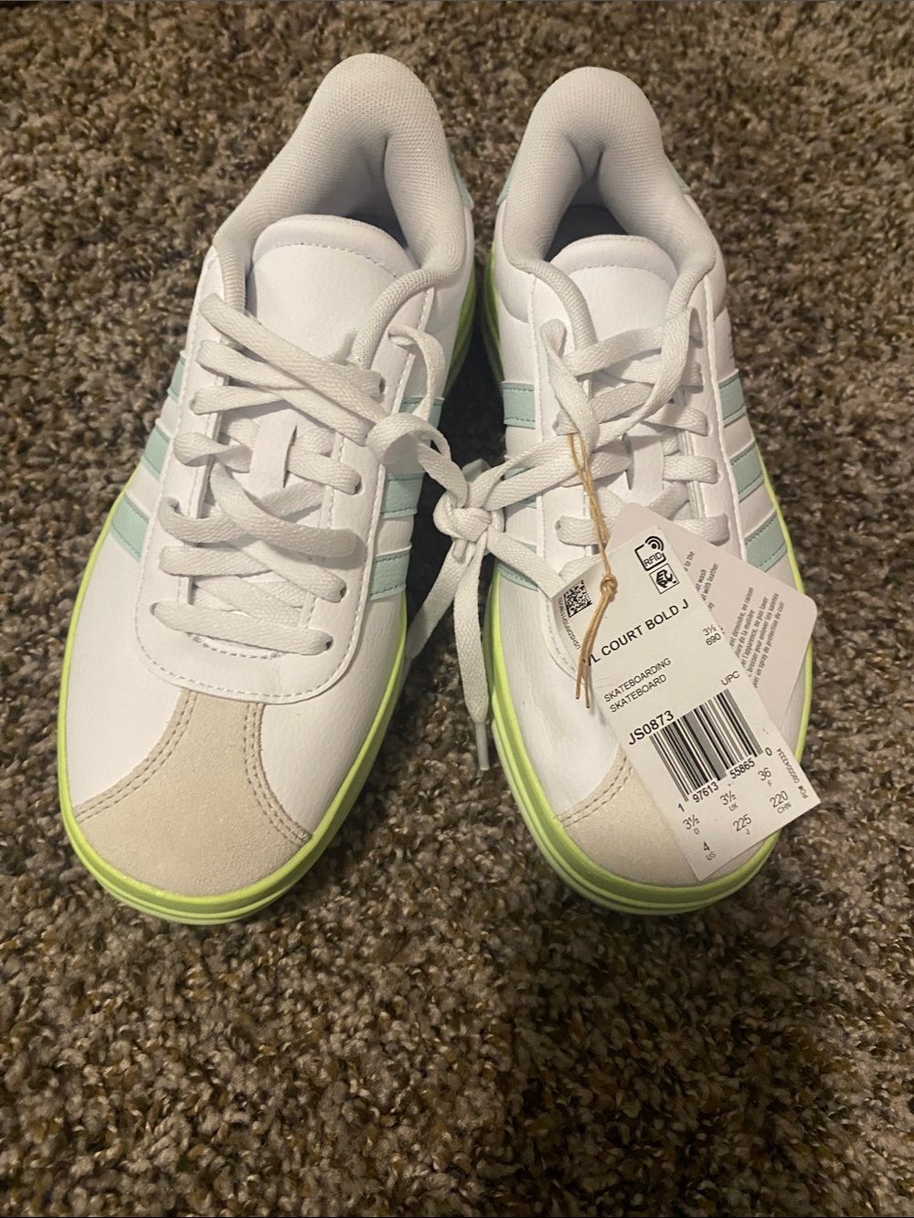 adidas White Sneakers with Mint Stripes and Neon Yellow Trim - Picture 2 of 4